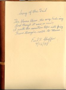 One of my favorte AT souvenirs: Earl Shaffer's famous "Song of the Trail" poem, in his own handwriting, in the trail journal I carried.